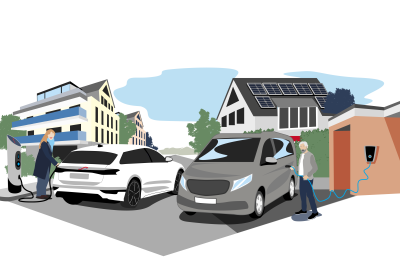 14b_Illustration_Private_Teaser Illustration mit einem Mehrfamilienhaus und einem Einfamilienhaus. Davor stehen zwei eAutos die von zwei Personen geladen werden.