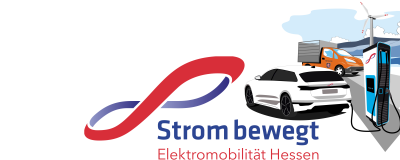 13a_Startseite_neu_Rubrik Illustration eines Elektroautos mit Ladesäule auf einer Straße. Im Hintergrund steht ein Windrad.
